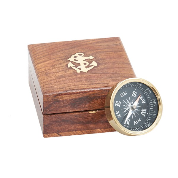 Brass compass, handcrafted, in a free wooden box.